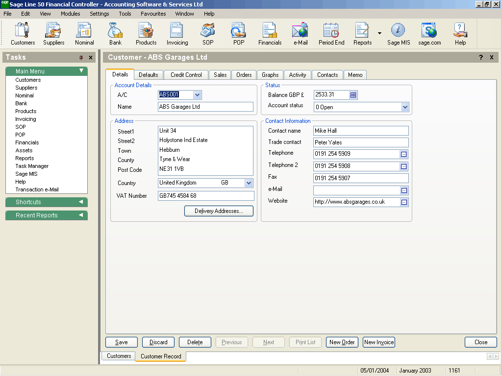 Sage Line50 Customer Account